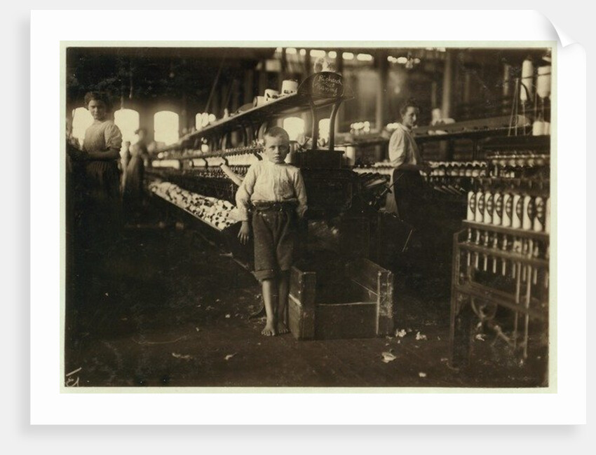 8 year old Leo, only 4 feet tall, picks up bobbins for 15 cents a day at Elk Cotton Mills, Fayetteville, Tennessee, 1910 by Lewis Wickes Hine