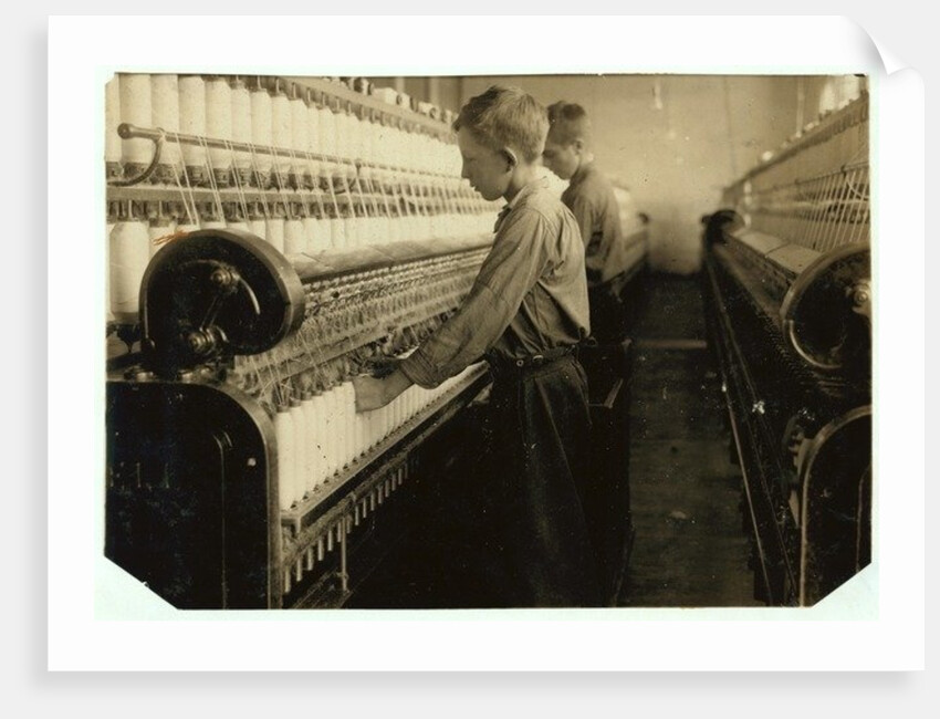Doffers replacing full bobbins at Indian Orchard Cotton Mill, Massachusetts, 1916 by Lewis Wickes Hine