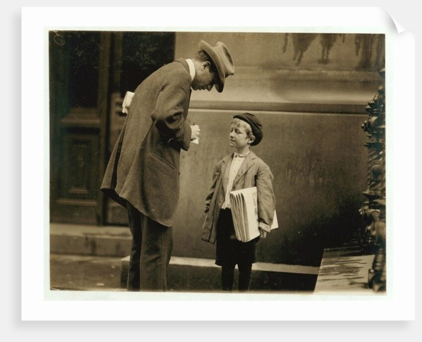 8 year old newsboy Michael McNelis, who'd just recovered from his second bout of pneumonia, selling papers in a rain storm by Lewis Wickes Hine