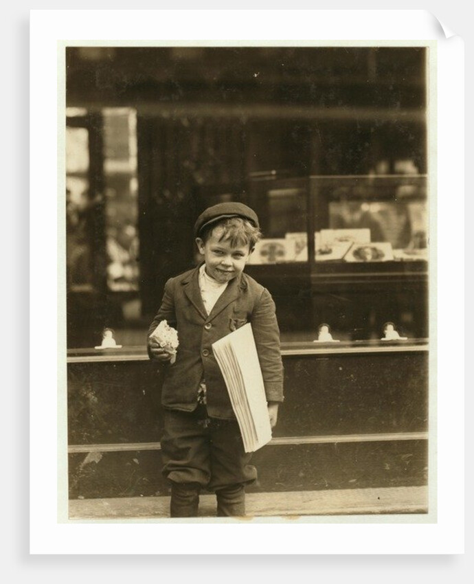 5 year old newsboy Tommy Hawkins only 3 ft 4 ins tall, working in St. Louis, Missouri, 1910 by Lewis Wickes Hine