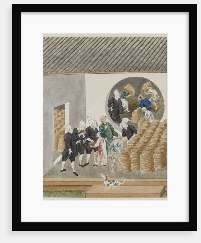 Turbanned Dutch VOC merchants smell tea for quality in a Canton tea warehouse, c.1770 by School Chinese