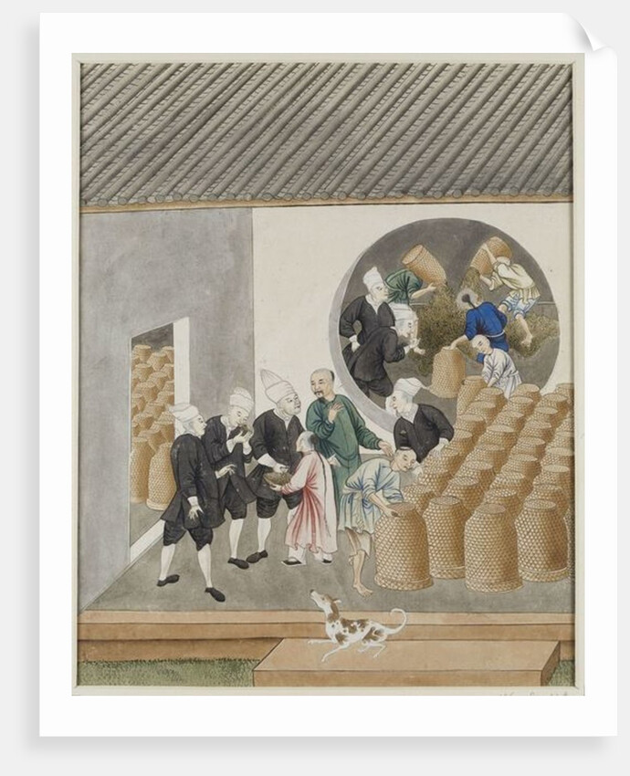 Turbanned Dutch VOC merchants smell tea for quality in a Canton tea warehouse, c.1770 by School Chinese