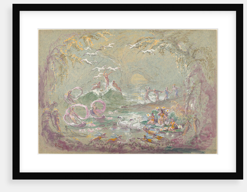 Lake Scene with Fairies and Swans (watercolour and gouache over black chalk on blue-green board by Robert Caney