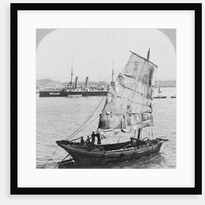 Chinese junk and British battleship in the harbour at Hong Kong, 1902 by Carlton Harlow Graves