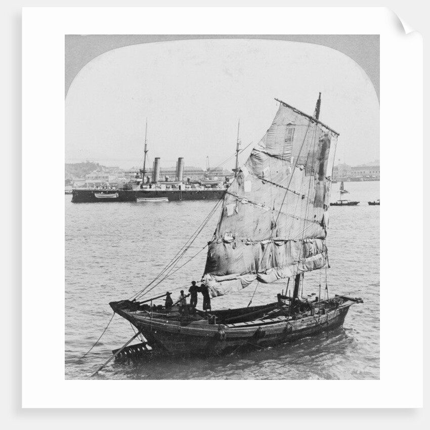 Chinese junk and British battleship in the harbour at Hong Kong, 1902 by Carlton Harlow Graves