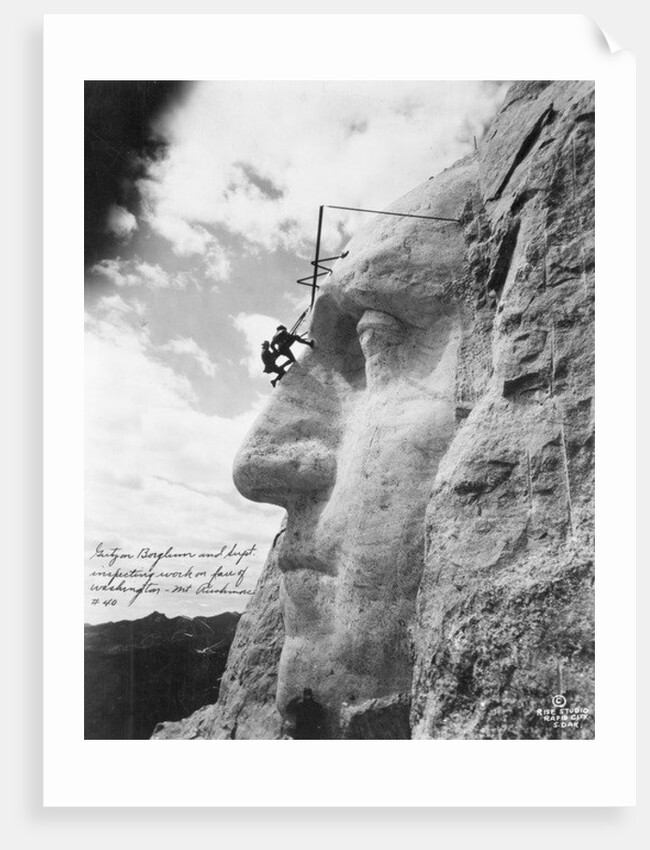 Gutzon Borglum inspecting work on Washington at Mount Rushmore, 1932 by American Photographer