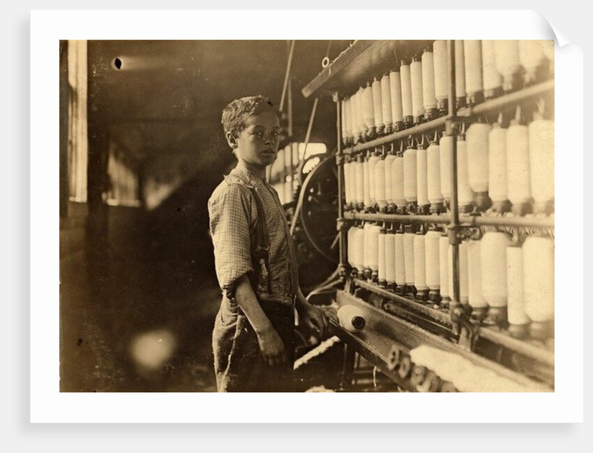 John Dempsey, 11 or 12 years old, Saturday worker in the mule-spinning room at Jackson Mill, Fiskeville, Rhode Island, 1909 by Lewis Wickes Hine