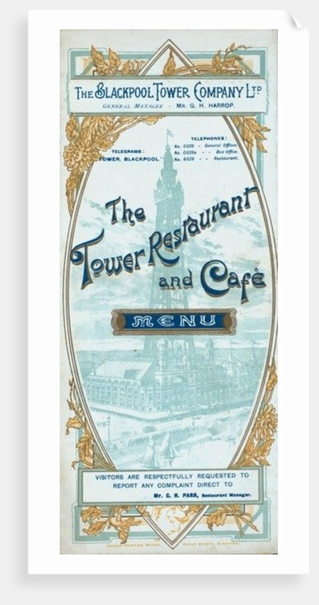 Menu for lunch at Blackpool Tower Restaurant, 1900 by Anonymous