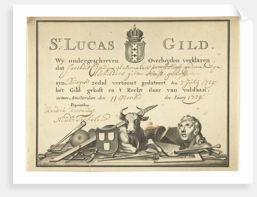 Receipt from the Guild of Saint Luke in Amsterdam to the glazier James Cip, 1729 by Dutch School