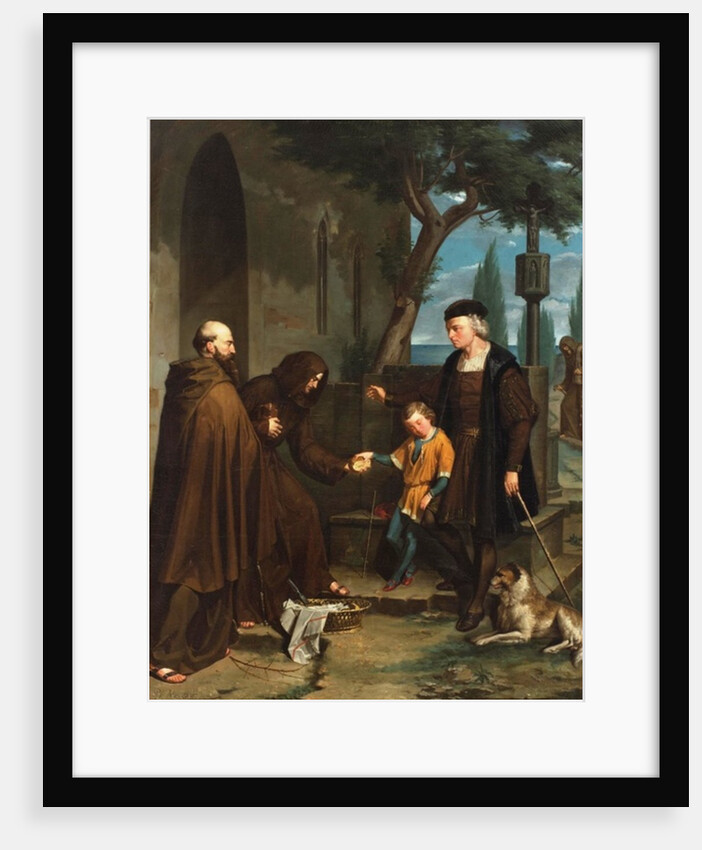 Columbus at the doors of the convent of Santa Maria de la Rabida asking for bread and water for his son, 1858 by Benito Mercade y Fabregas