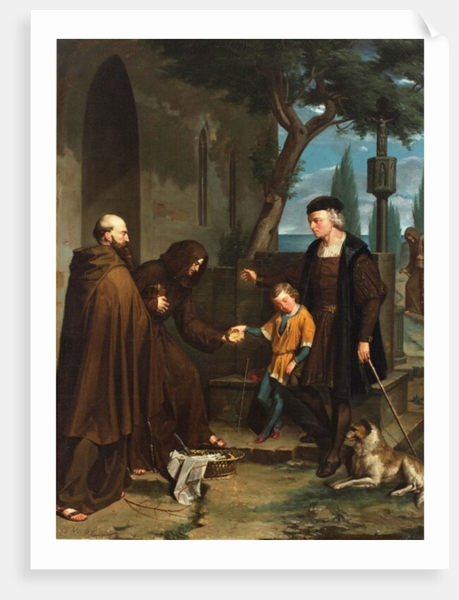 Columbus at the doors of the convent of Santa Maria de la Rabida asking for bread and water for his son, 1858 by Benito Mercade y Fabregas