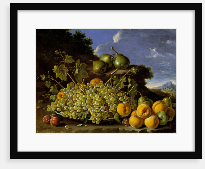 Still life with plate of grapes, peaches, pears and plums in a landscape, c.1771 by Luis Egidio Menendez or Melendez