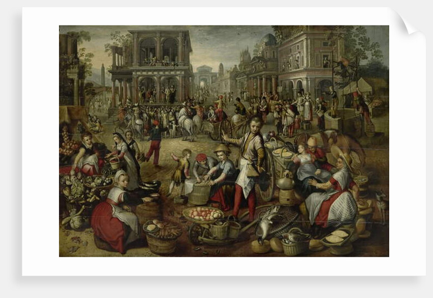 Marketplace, with the Flagellation, the Ecce Homo and the Bearing of the Cross in the background, 1550-90 by Joachim (circle of) Beuckelaer or Bueckelaer