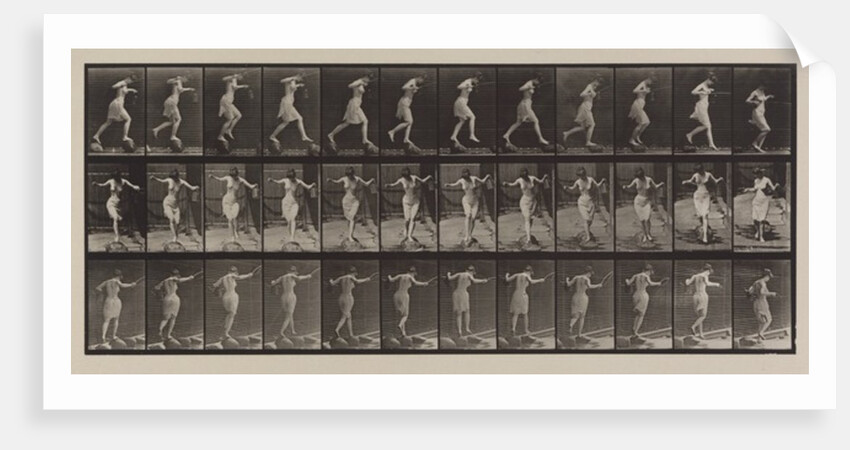 Plate Number 175. Crossing brook on step-stones with fishing-pole and can, 1887 by Eadweard Muybridge