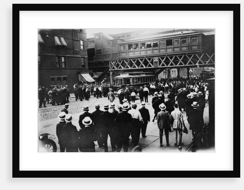 Strikes, street railways, New York. Stopped car on 86th St. and 6th Ave., 1916 by American Photographer