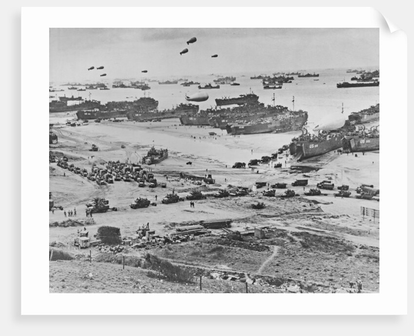 D Day: view of landing craft, barrage balloons, and allied troops landing in Normandy, 1944 by American Photographer