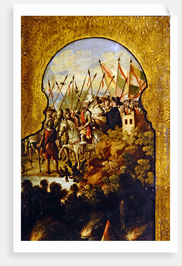 The arrival of the Spanish, lead by Cortez, in the plateau of Mexico City by Spanish School