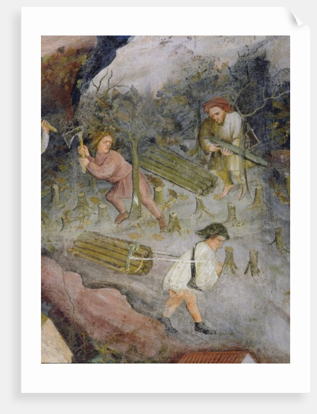 Lumberjacks at work. Felling trees in the forest by Italian School