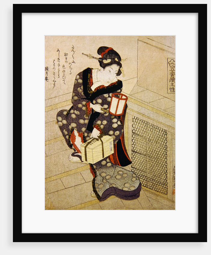 Woman climbing the stairs holding a lamp and a box by Utagawa Sadakage