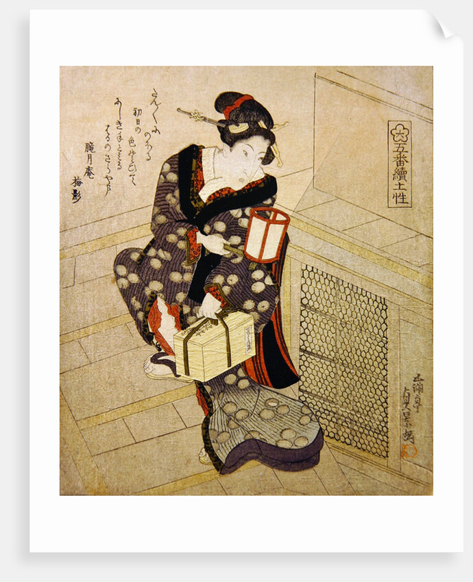 Woman climbing the stairs holding a lamp and a box by Utagawa Sadakage