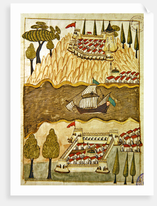 Ms. cicogna 1971, miniature from the 'Memorie Turchesche' depicting the two great fortresses on the Bosphorus by Venetian School