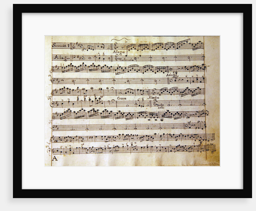 Manuscript page from the score of Opus V, 'Sonata for violin, violone, and harpsichord' by Arcangelo Corelli