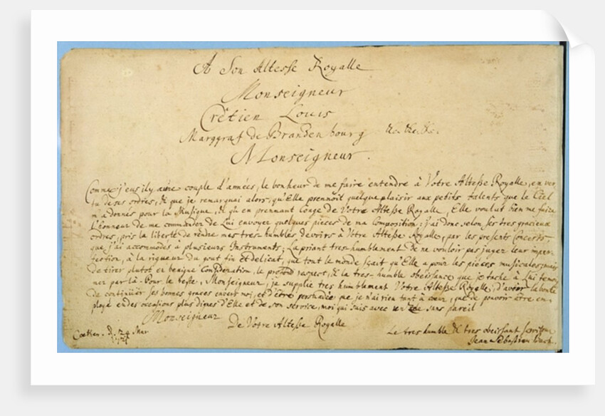 Handwritten dedication of 'Brandenburger Concertos' to Christian Ludwig, Margrave of Brandenburg 24 March 1721 by Johann Sebastian Bach