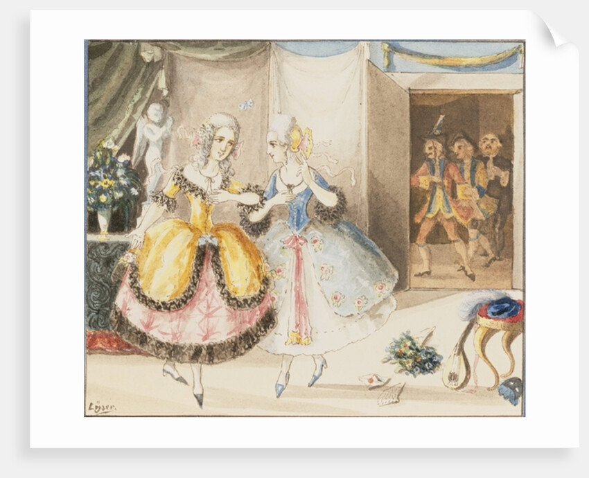 Fiordiligi and Dorabella watched from the doorway by Don Alfonso, Ferrando and Guglielmo by Johann Peter Lyser