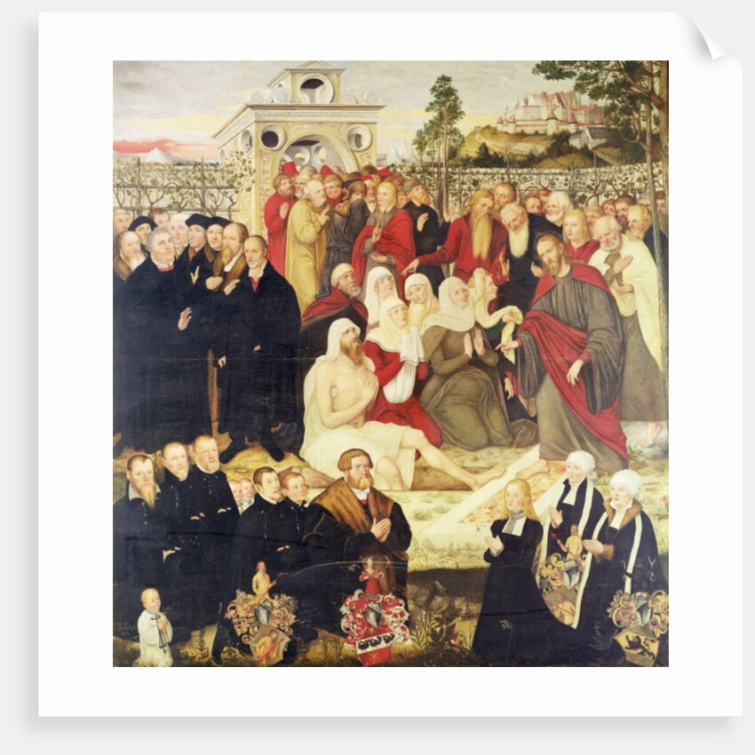 Reformers' group at a miracle by Lucas the Younger (after) Cranach