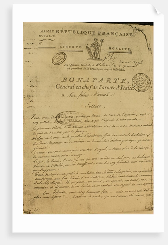Instructions to soldiers issued by Napoleon as General of the Italian Army, 20th May 1796 by French School