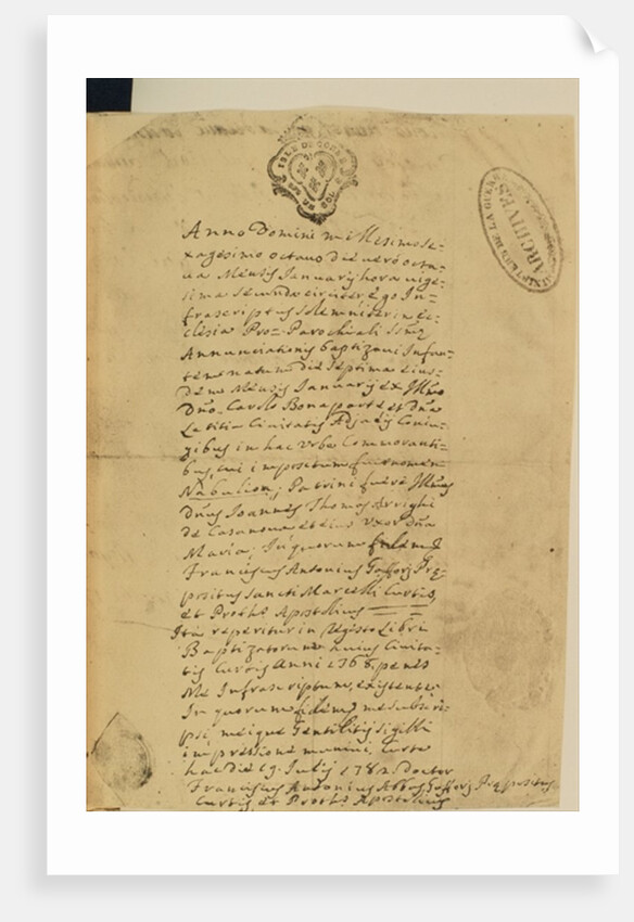 Napoleon's Birth Certificate, 1769 by French School
