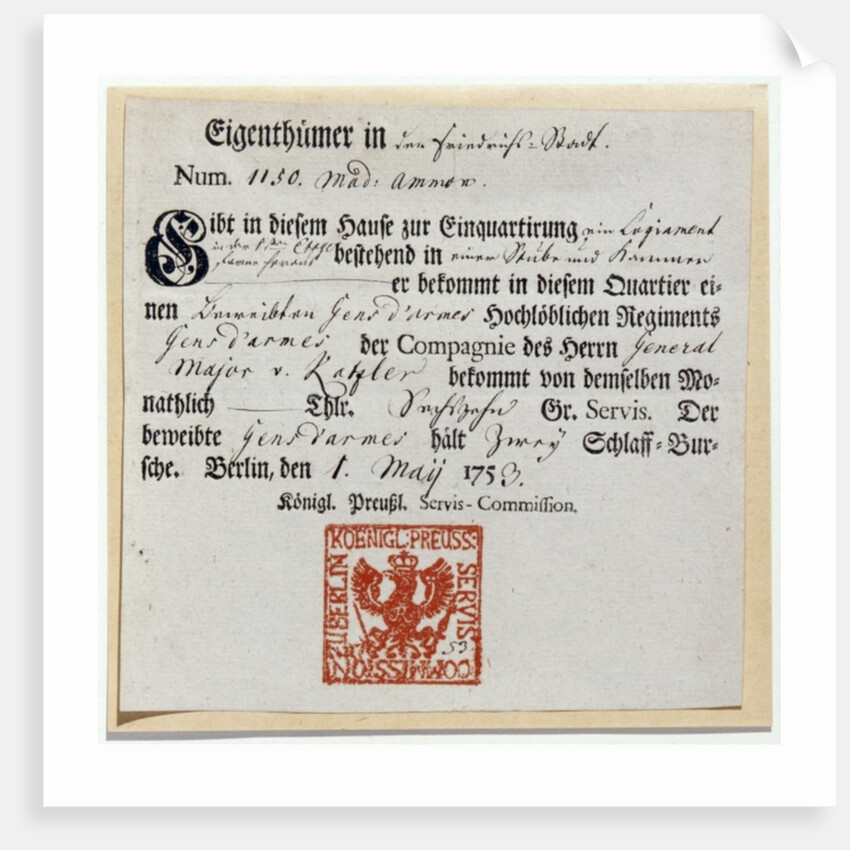 Billeting voucher, 1759 by German School