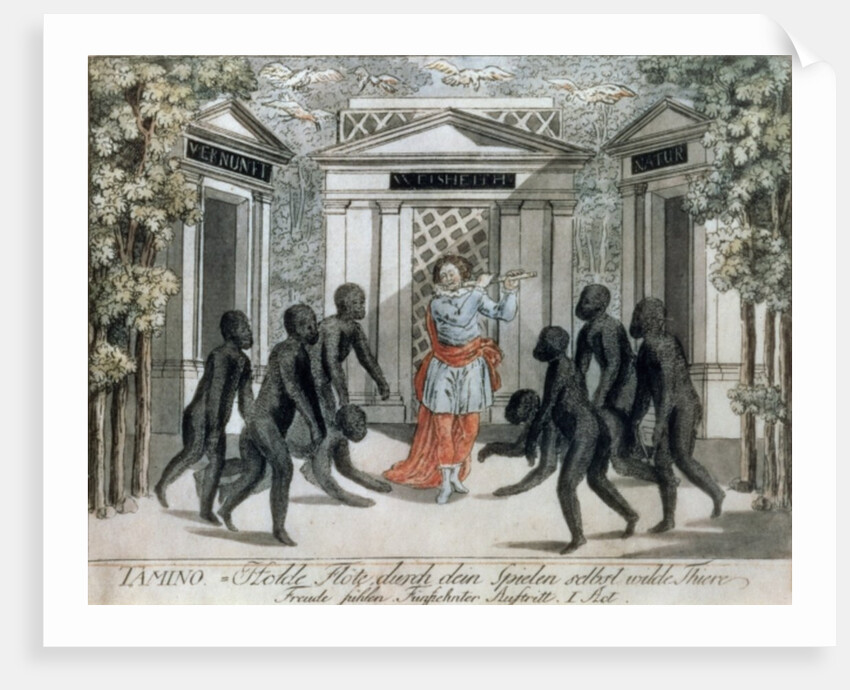 Tamino plays the magic flute to ward off the wild beasts, Act I scene xv, from `The Magic Flute' by Wolfgang Amadeus Mozart, c.1793 by Joseph & Peter Schaffer