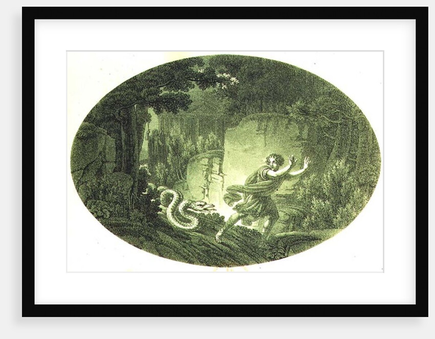 Tamino pursued by a giant serpent, Act I scene I from 'The Magic Flute' by Wolfgang Amadeus Mozart by Austrian School