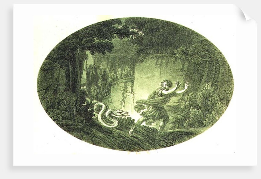 Tamino pursued by a giant serpent, Act I scene I from 'The Magic Flute' by Wolfgang Amadeus Mozart by Austrian School