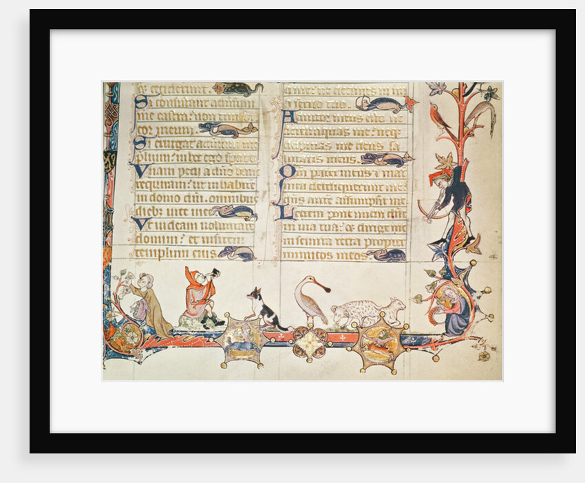 Illustration from a psalter, depicting various figures, a spoonbill, sheep, centaurs and Reynard the Fox by School English