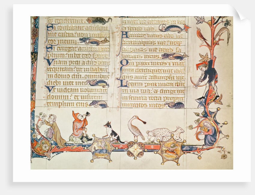 Illustration from a psalter, depicting various figures, a spoonbill, sheep, centaurs and Reynard the Fox by School English