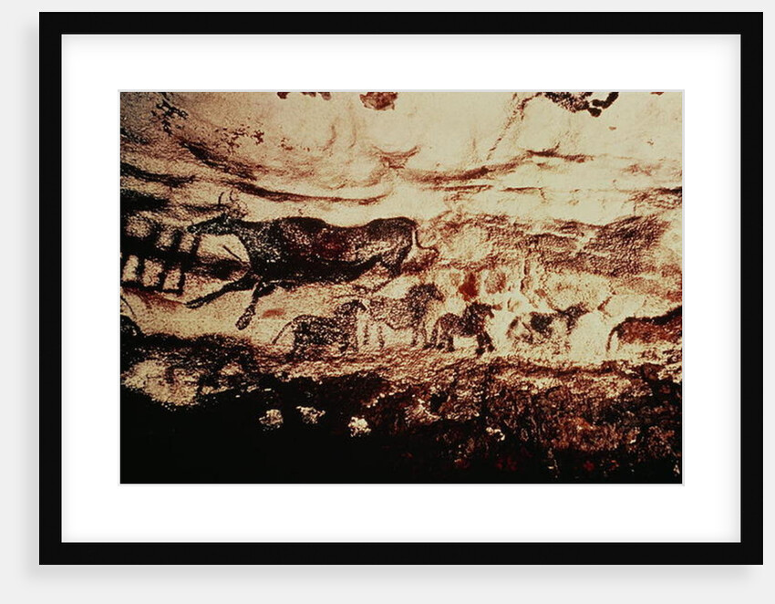 Rock painting of a leaping cow and a frieze of small horses, c.17000 BC by Prehistoric Prehistoric