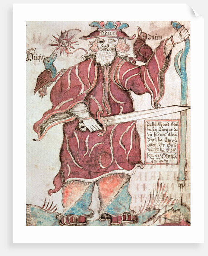 Odin, with his two crows, Hugin and Munin by Icelandic School