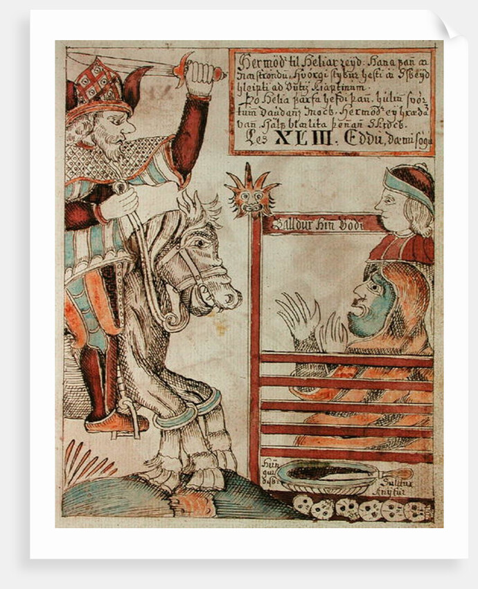 Hermod astride Sleipnir, his father's famous eight-legged charger, at the barred gates of the Kingdom of Hel by Icelandic School