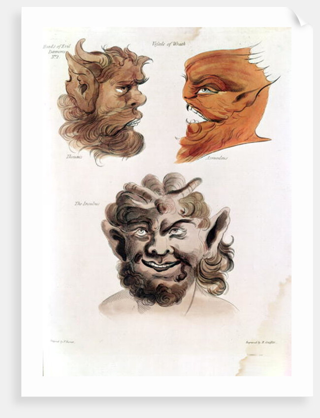 Heads of Evil Demons: Theumis, Asmodeus and The Incubus, illustrations from 'The Magus', pub. 1801 by Francis Barrett