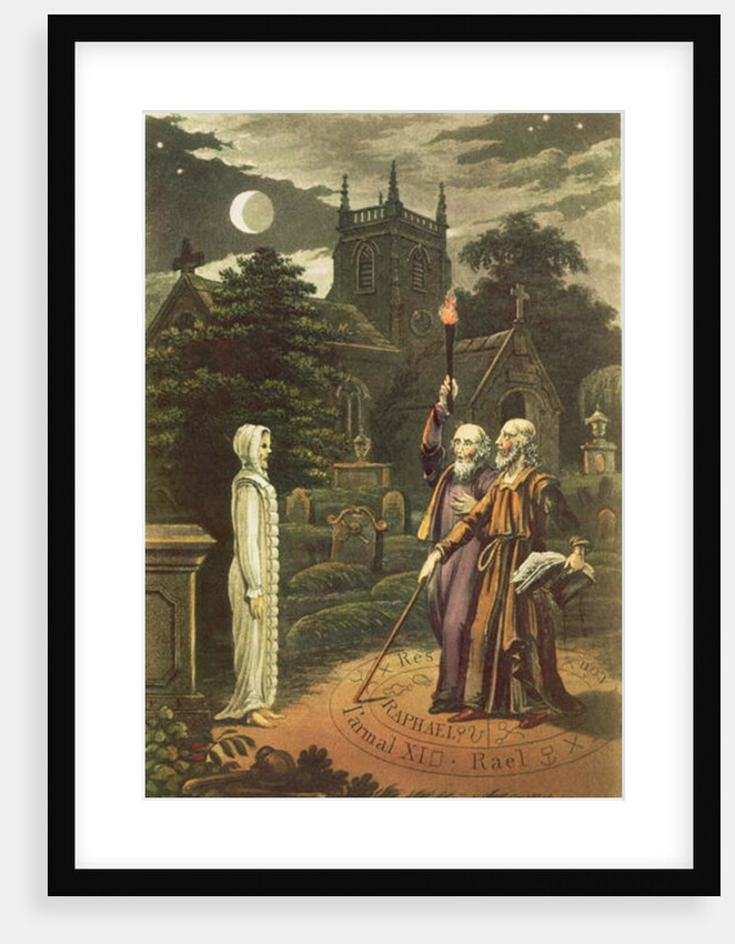 Edward Kelly a magician, and his partner the mathematician and astrologer, John Dee raising a ghost by English School