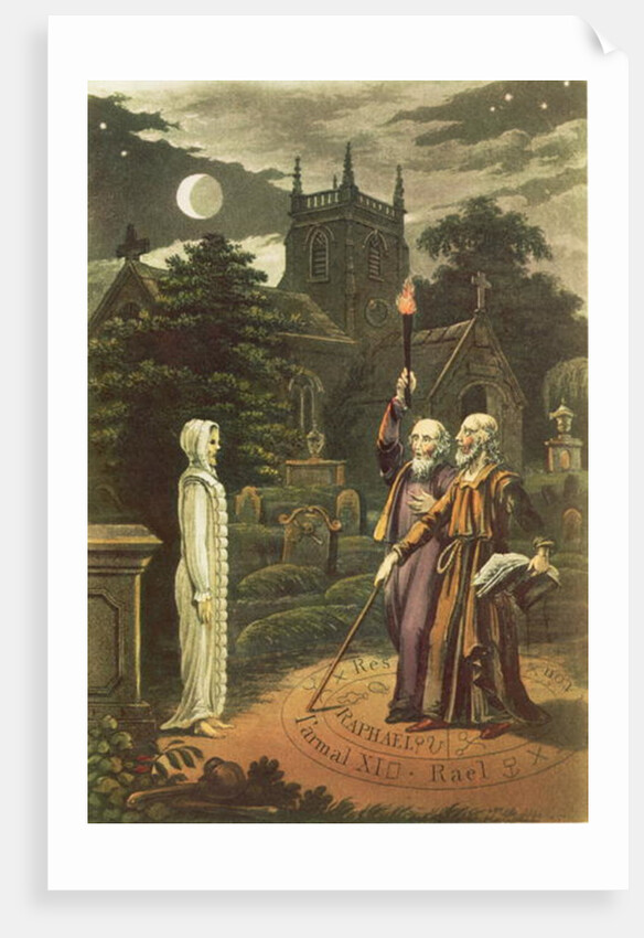 Edward Kelly a magician, and his partner the mathematician and astrologer, John Dee raising a ghost by English School