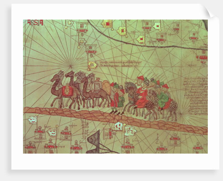 Catalan Atlas, detail showing the family of Marco Polo travelling by camel caravan by Spanish School