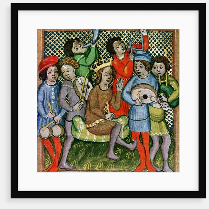Seated crowned figure surrounded by musicians playing the lute, bagpipes, triangle, horn, viola and drums by Czech School