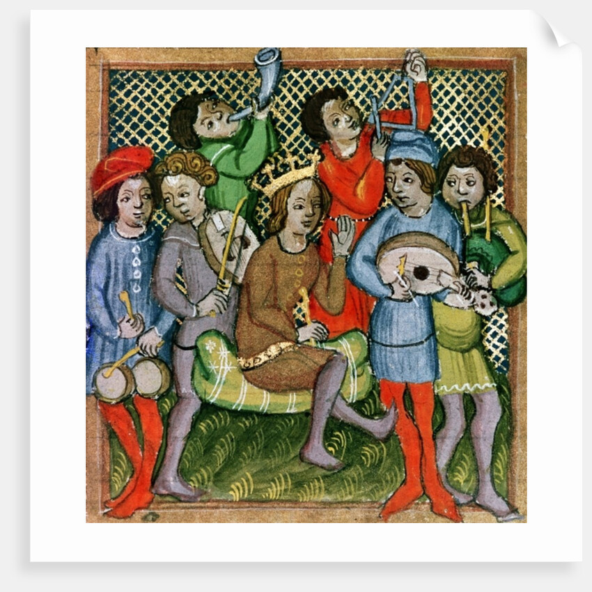 Seated crowned figure surrounded by musicians playing the lute, bagpipes, triangle, horn, viola and drums by Czech School