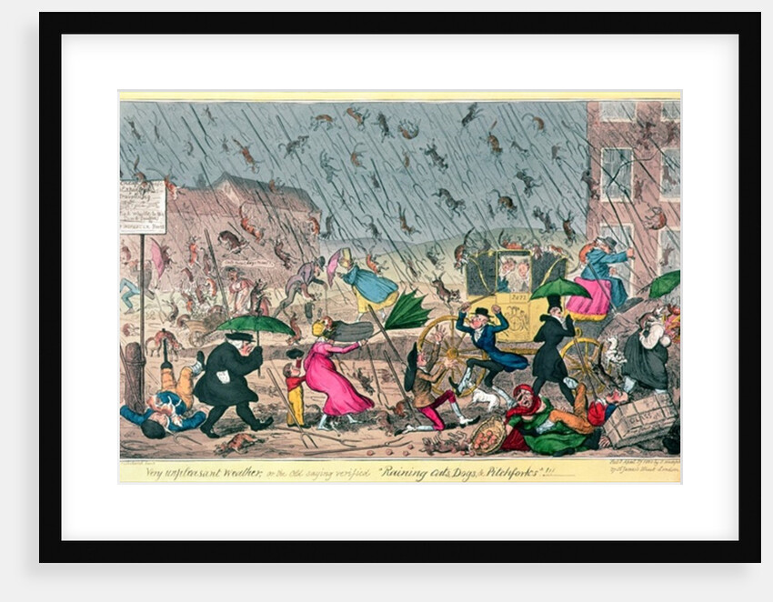 Very Unpleasant Weather, or the Old Saying verified 'Raining Cats, Dogs and Pitchforks!', pub. by G. Humphrey, 1820 by George Cruikshank