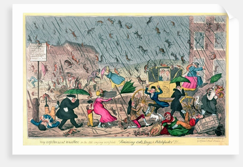 Very Unpleasant Weather, or the Old Saying verified 'Raining Cats, Dogs and Pitchforks!', pub. by G. Humphrey, 1820 by George Cruikshank