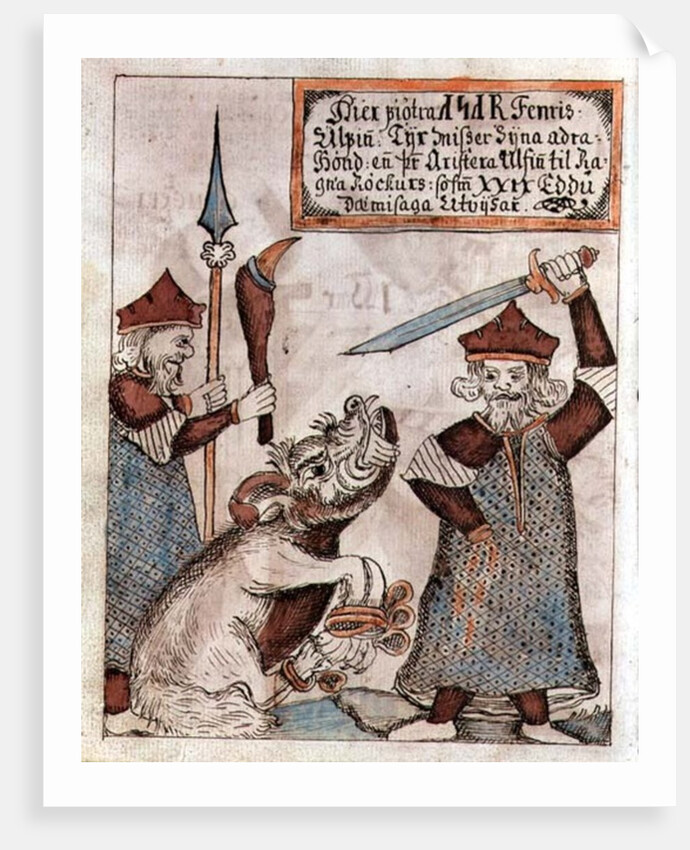 The Norse god Tyr losing his hand to the bound wolf, Fenrir by Icelandic School