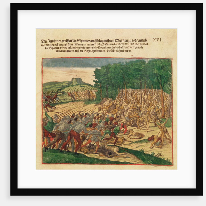 Battle between the Indians and the Spanish in which the Spanish colonel was beaten to death by Theodor de Bry